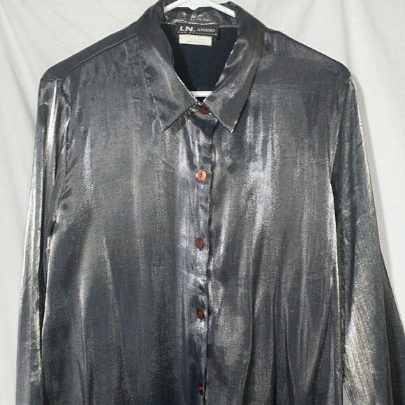 I.N Studio shiny shelves button down blouse - Picture 2 of 9